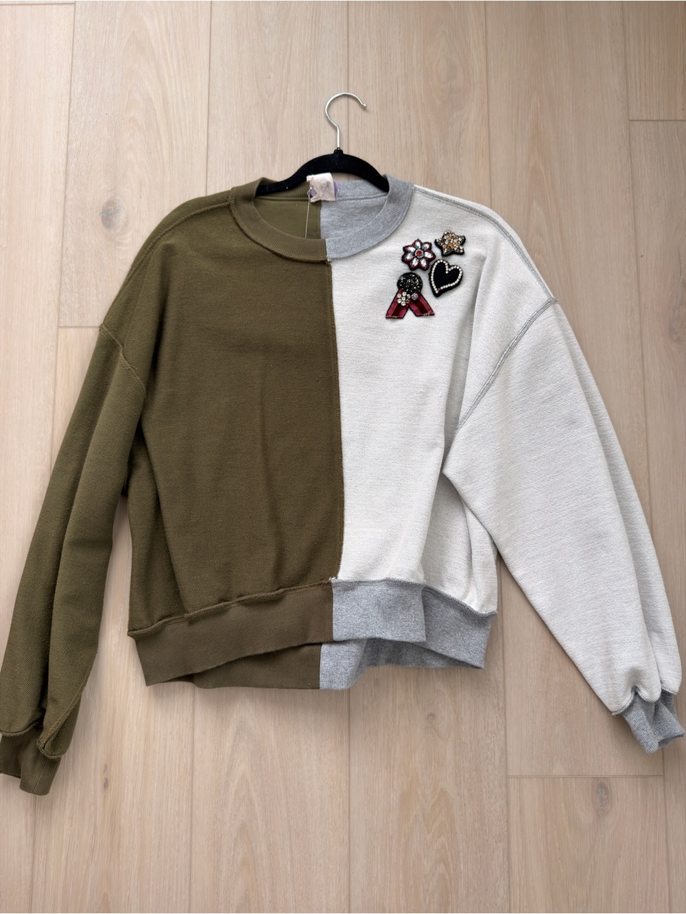 CINQ A SEPT: Colorblock Olive and Cream Patch Embellished Sweatshirt